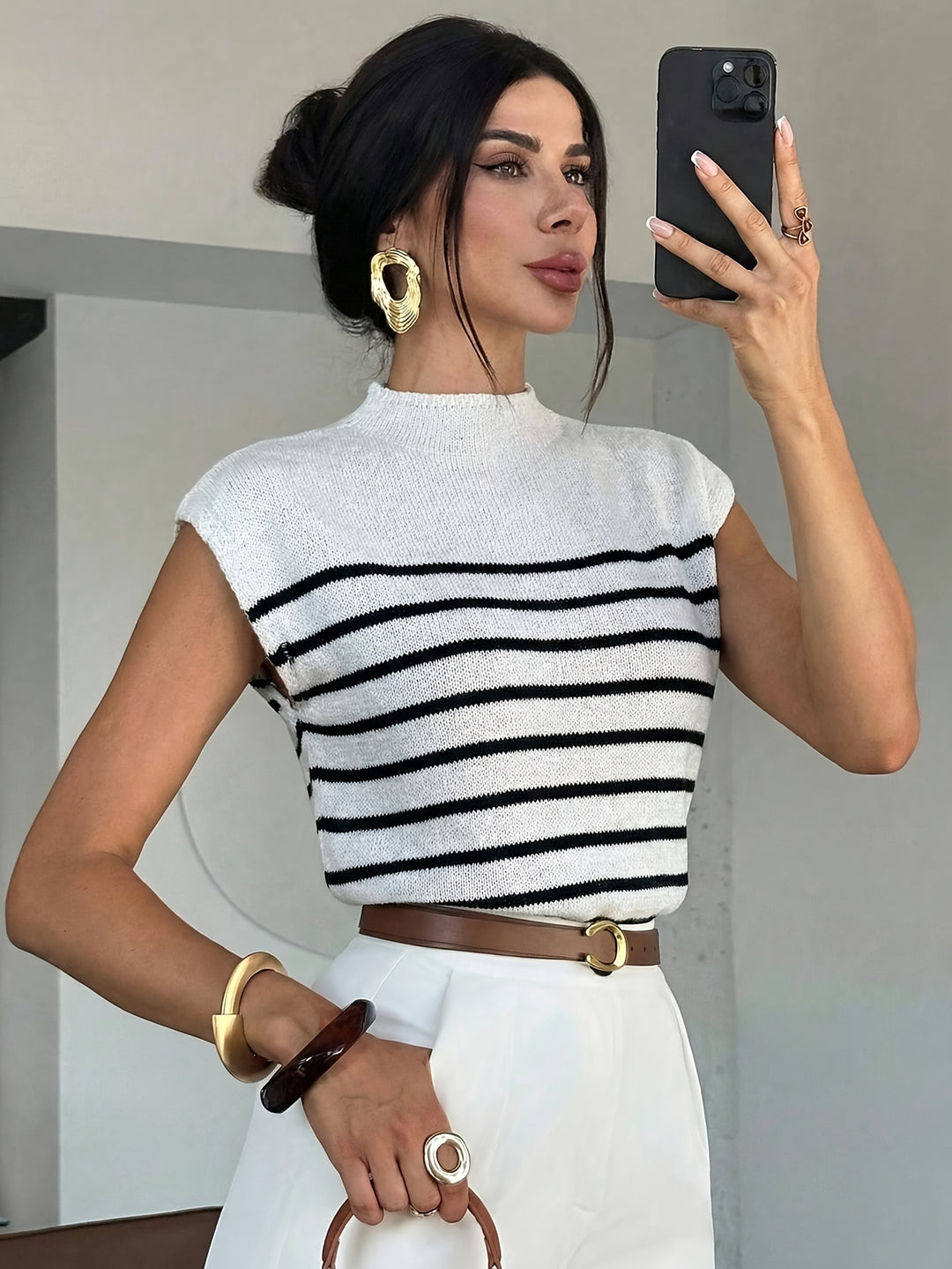 Rose | Striped Mock-Neck Knit Top