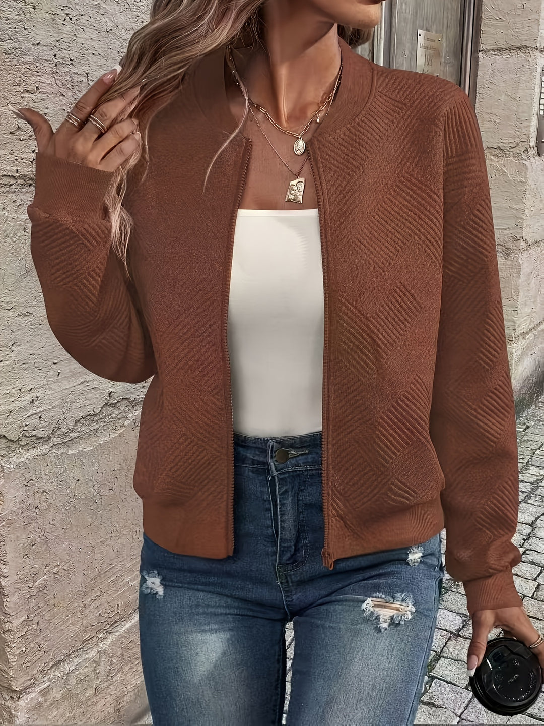 Delia | Textured Zip-Up Bomber Jacket