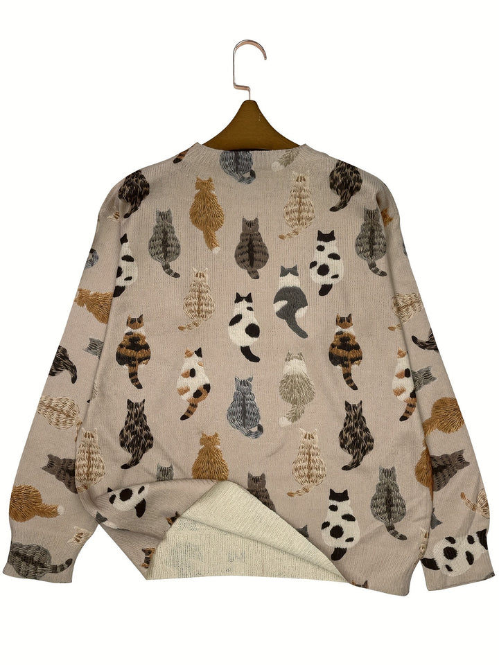 Winifred | Playful Cat-Print Crew Neck Jumper