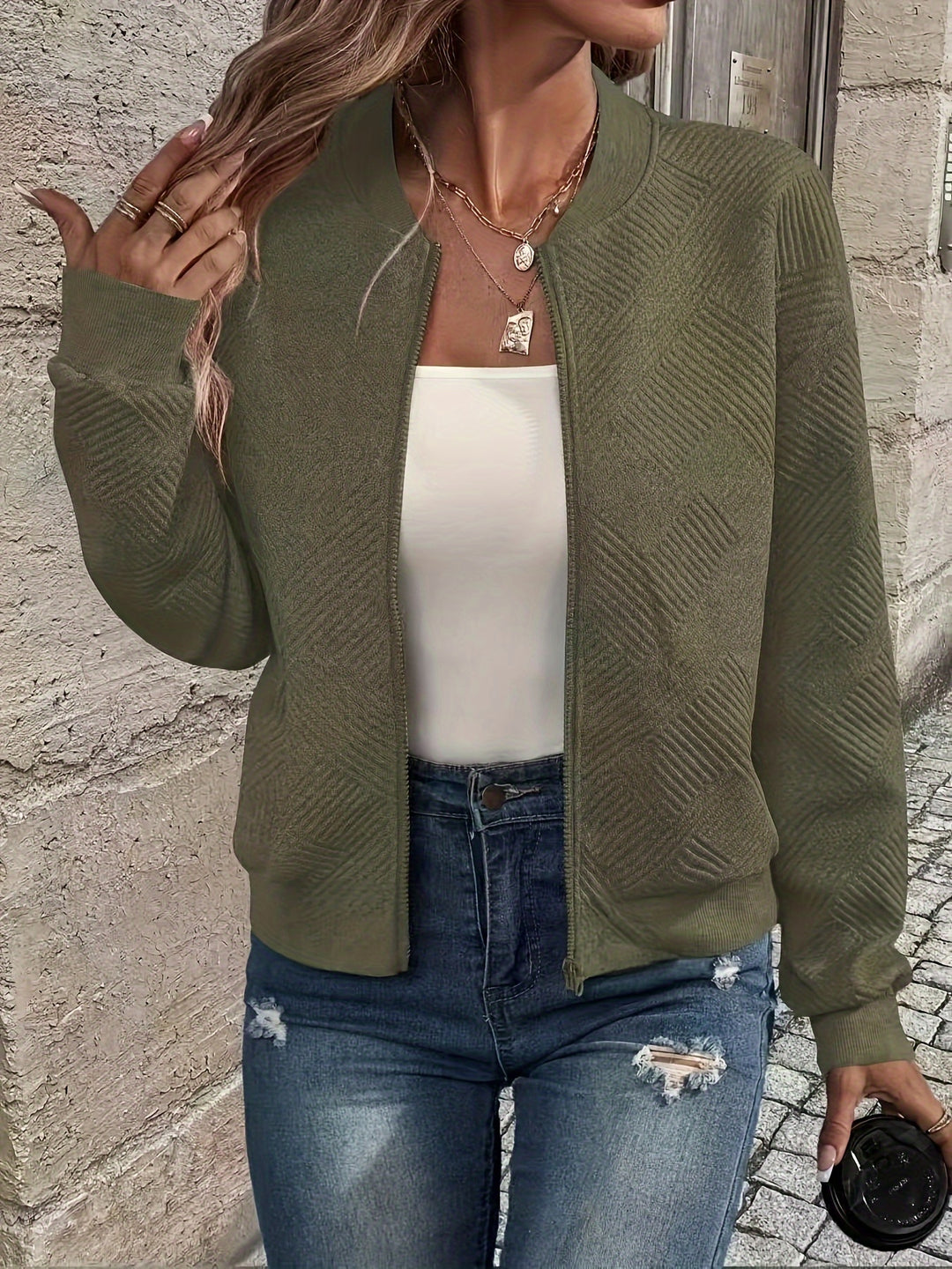 Delia | Textured Zip-Up Bomber Jacket