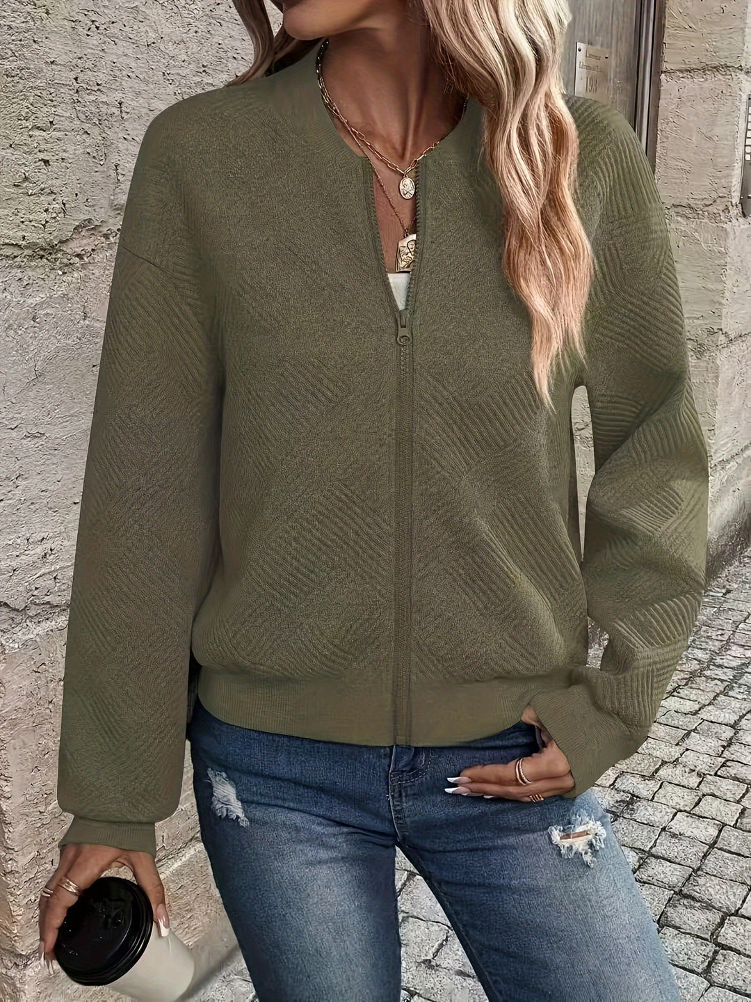 Delia | Textured Zip-Up Bomber Jacket