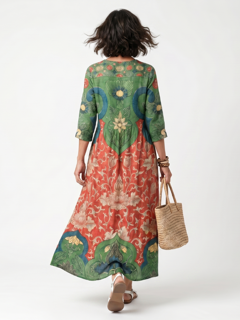 Darcy | Mixed-Print V-Neck Midi Dress