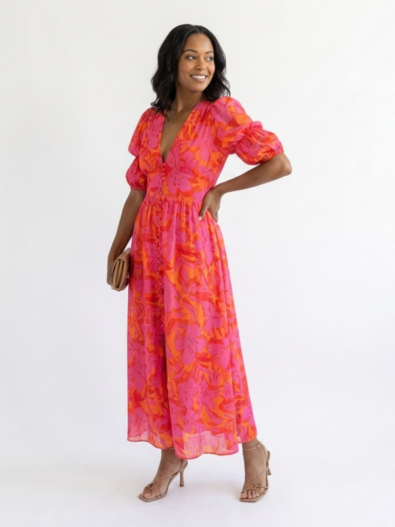 Piper | Floral Puff Sleeve Midi Dress