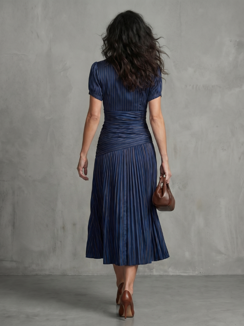 Meredith | Pleated Waistline Stripe Midi Dress