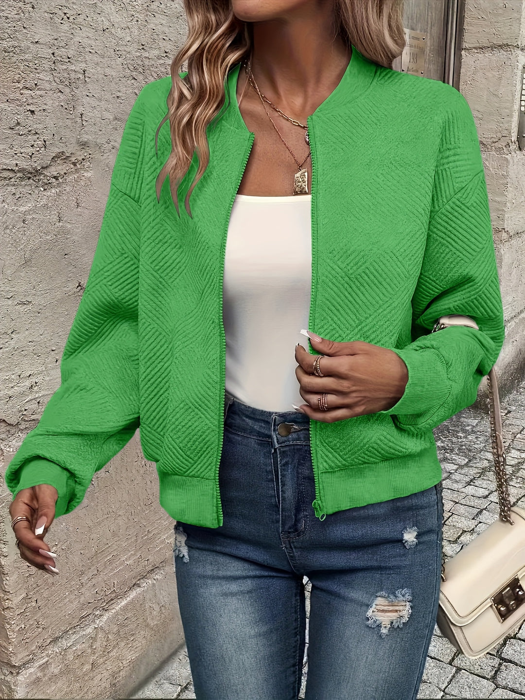 Delia | Textured Zip-Up Bomber Jacket