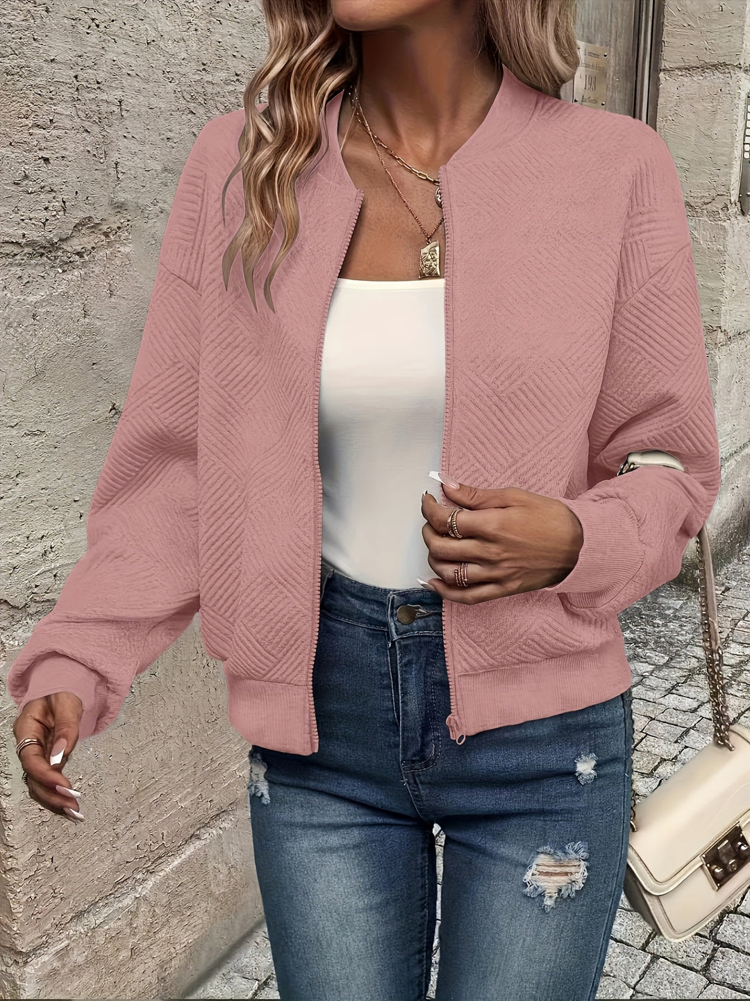 Delia | Textured Zip-Up Bomber Jacket