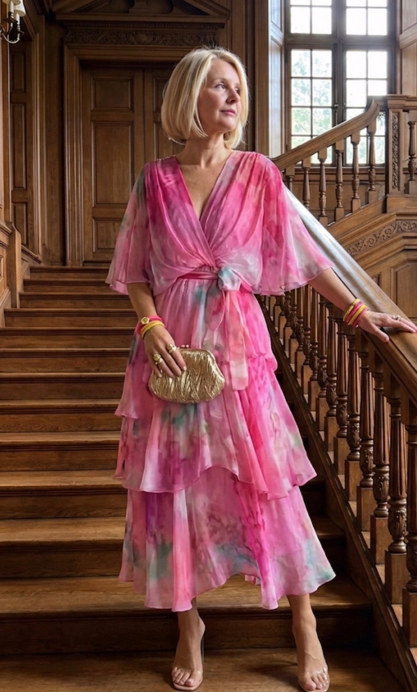 Kimberly | Tiered Watercolour Midi Dress
