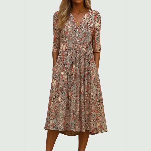 Paulette | Graceful Printed Midi Dress with Pockets