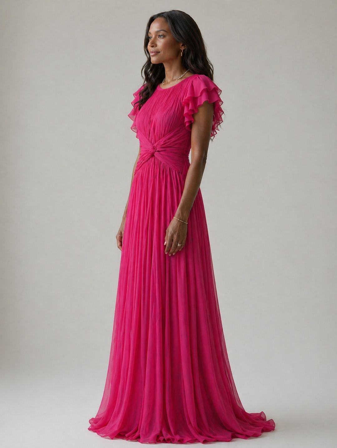 Victoria | Pleated Flutter-Sleeve Evening Gown