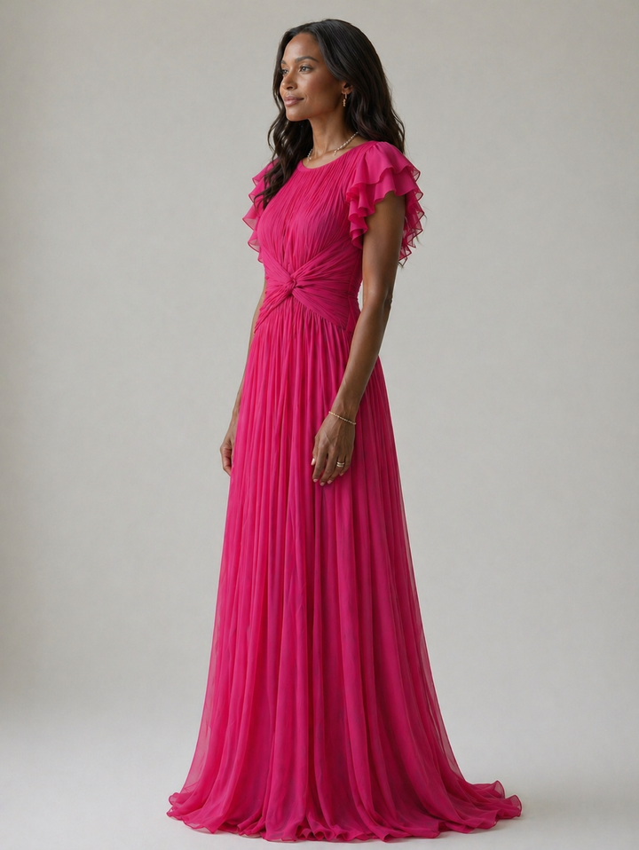 Victoria | Pleated Flutter-Sleeve Evening Gown