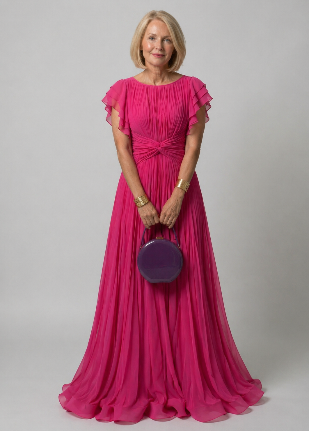 Victoria | Pleated Flutter-Sleeve Evening Gown