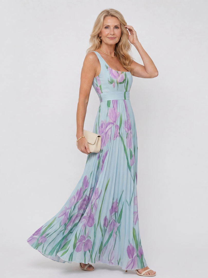 Melody | Pleated Floral Square-Neck Dress