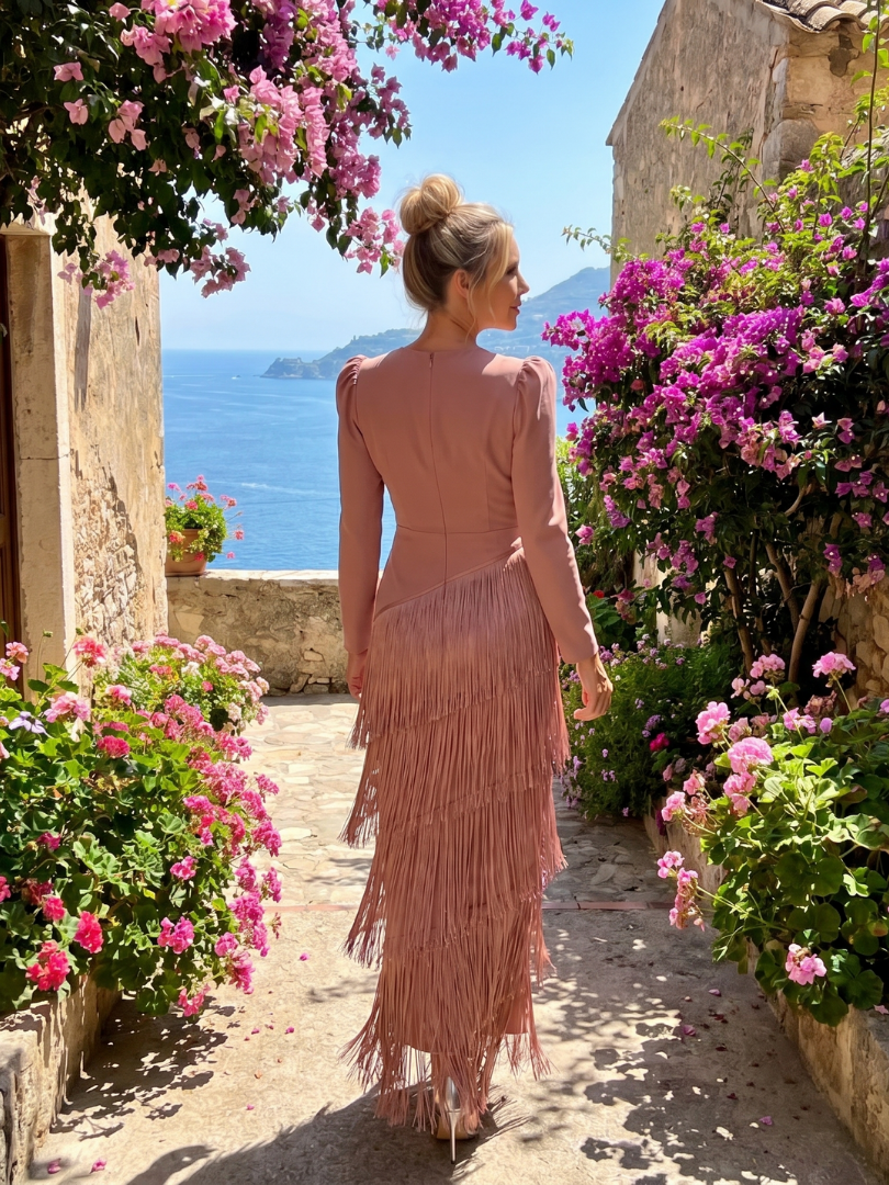 Marla | Long Sleeve Fringe Midi Dress