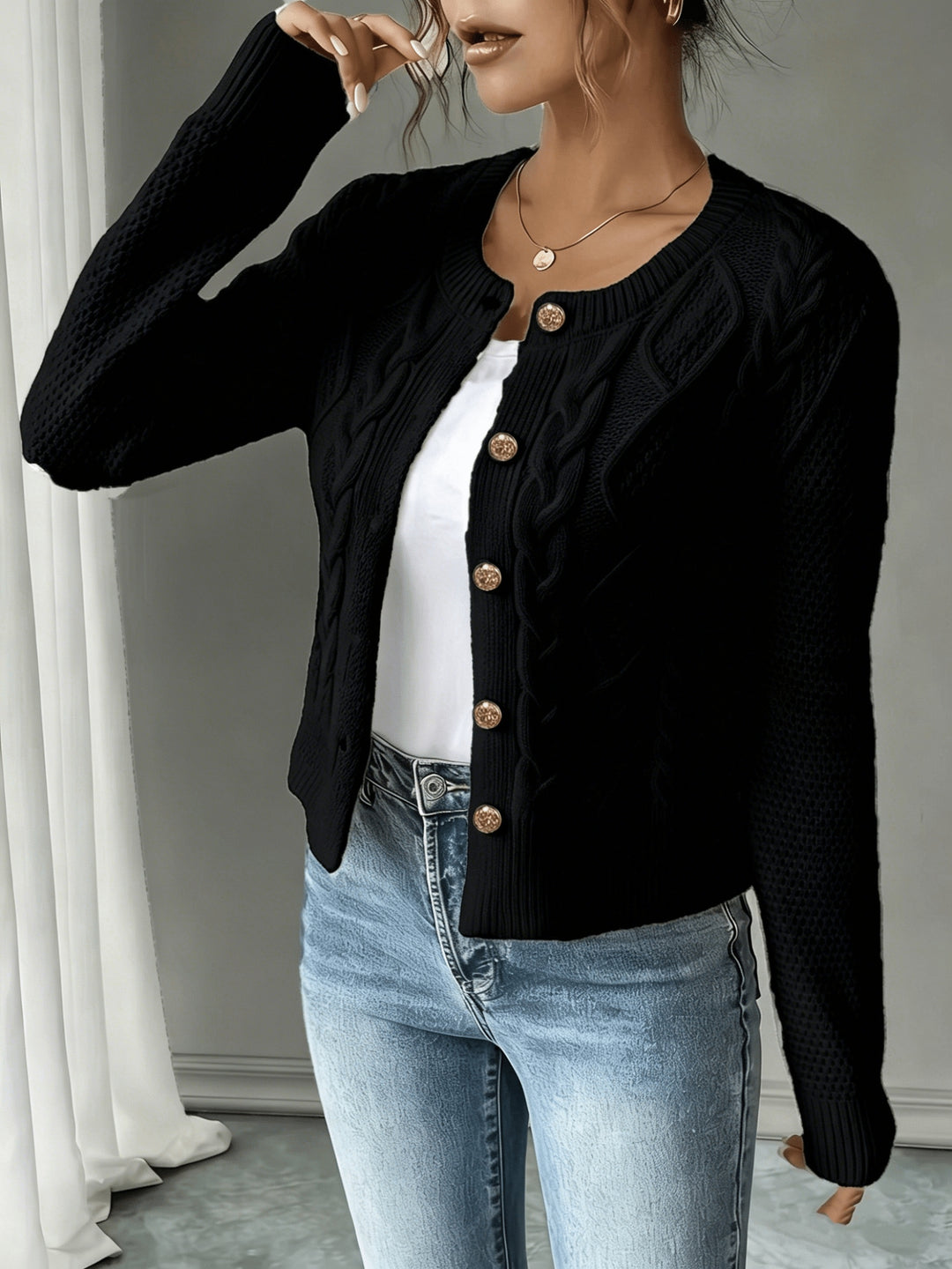 Lorraine | Cable-Knit Button-Front Cardigan