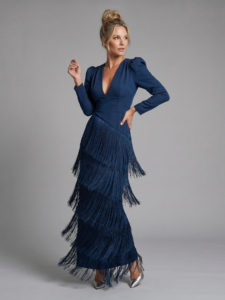 Marla | Long Sleeve Fringe Midi Dress