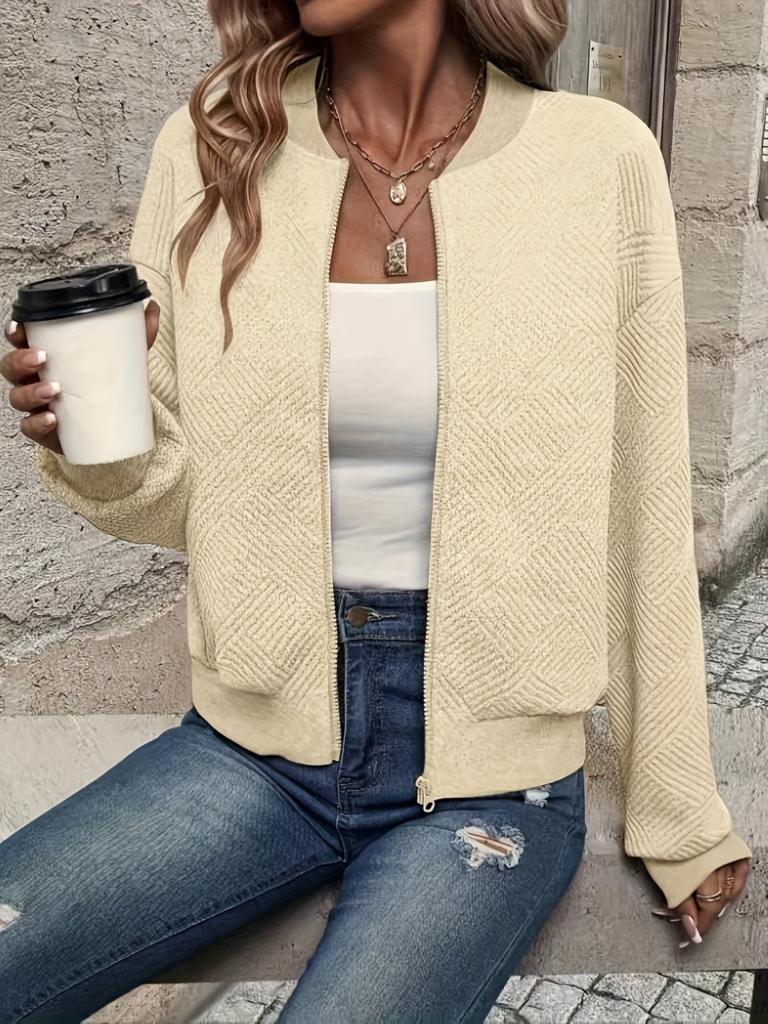 Delia | Textured Zip-Up Bomber Jacket