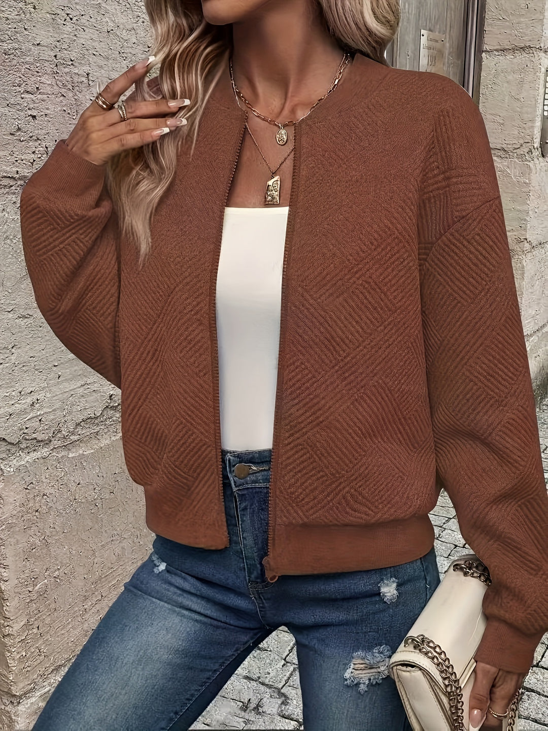 Delia | Textured Zip-Up Bomber Jacket