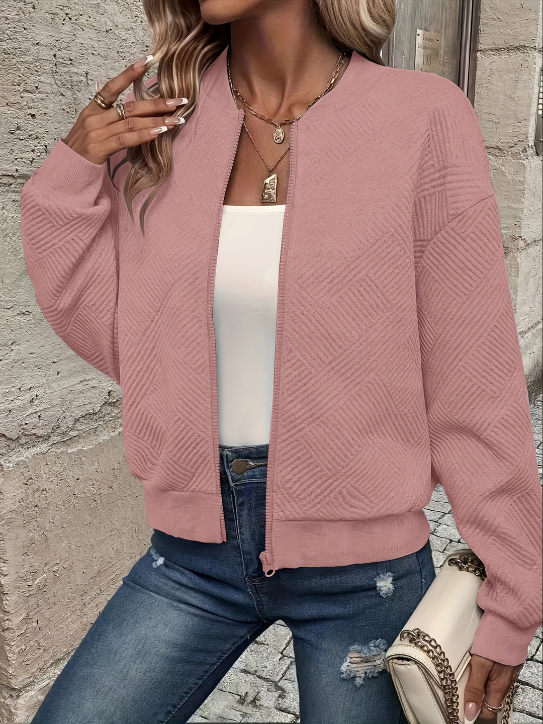 Delia | Textured Zip-Up Bomber Jacket