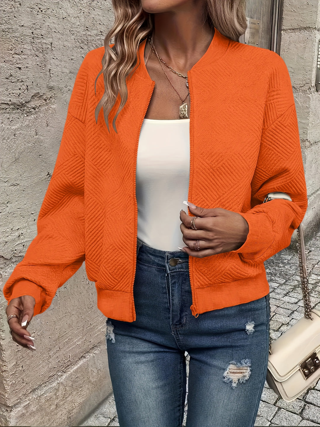 Delia | Textured Zip-Up Bomber Jacket