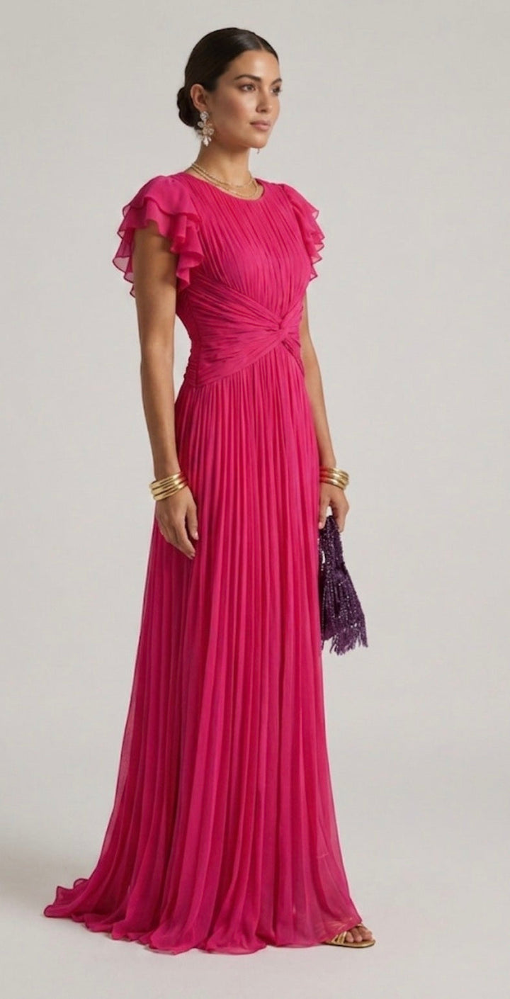 Victoria | Pleated Flutter-Sleeve Evening Gown