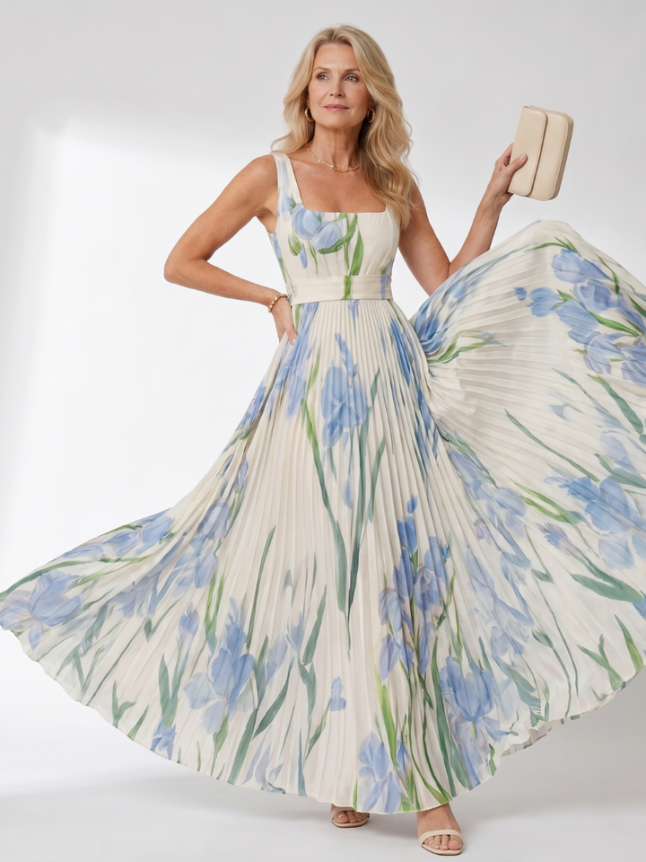 Melody | Pleated Floral Square-Neck Dress