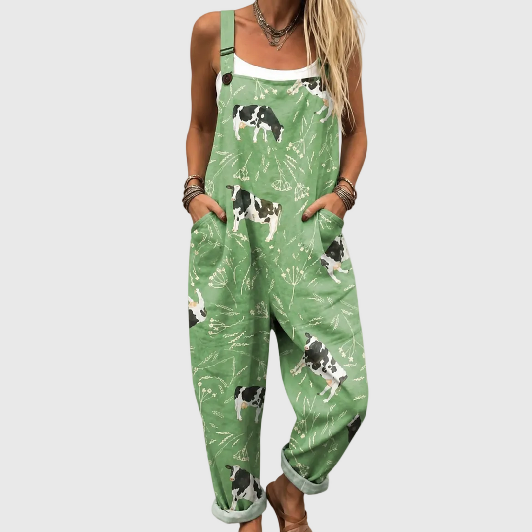 Gwenllian | Relaxed Cow Print Dungaree Jumpsuit