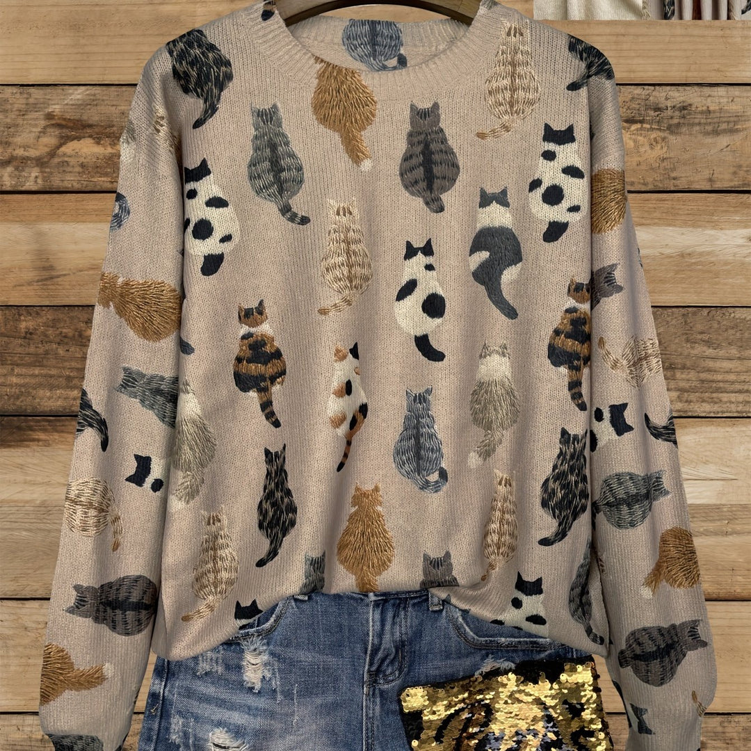 Winifred | Playful Cat-Print Crew Neck Jumper