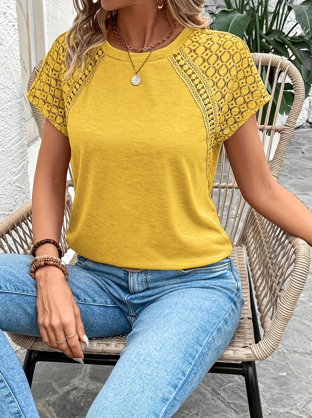 Delphina | Lace-Sleeve Round Neck Top