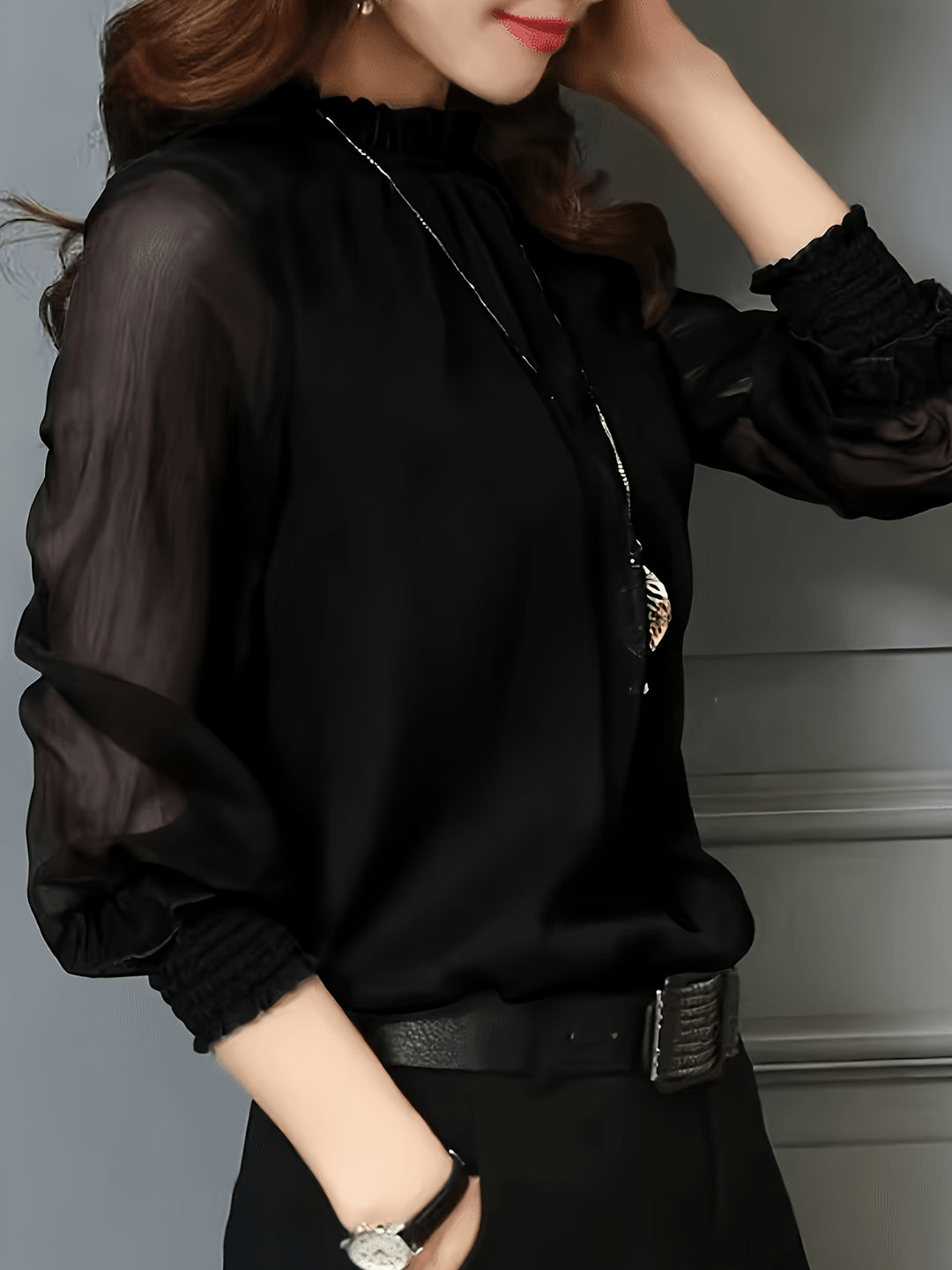 Leonora | Sheer-Sleeve Stand Collar Blouse