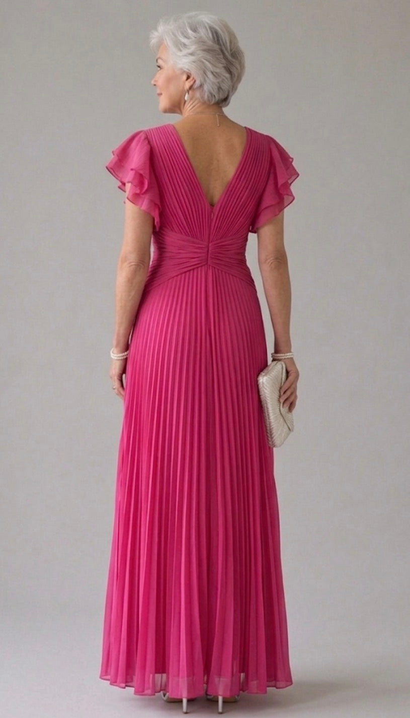 Victoria | Pleated Flutter-Sleeve Evening Gown