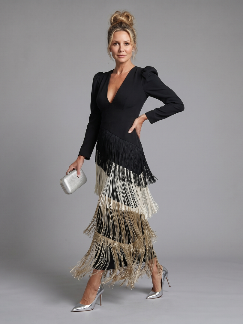 Marla | Long Sleeve Fringe Midi Dress