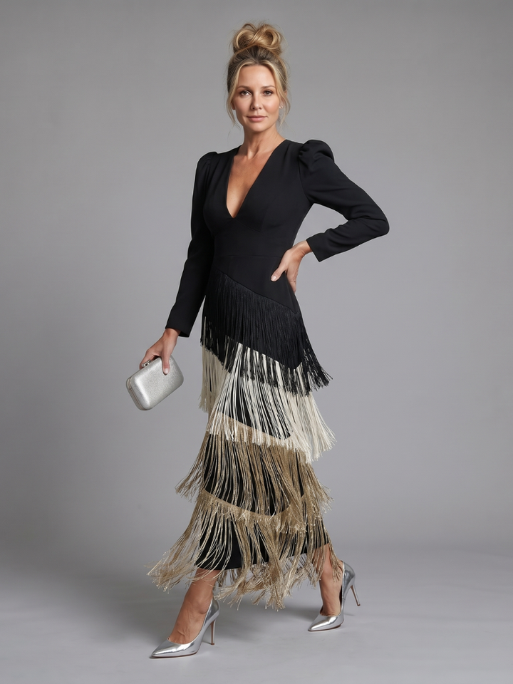 Marla | Long Sleeve Fringe Midi Dress