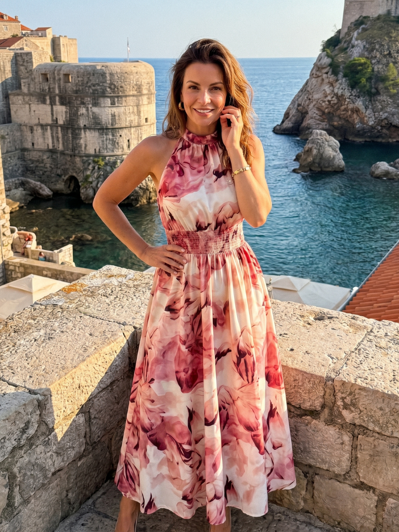 Juliana | Halter-Neck Gathered Waist Midi Dress