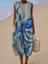 Brenna | Sleeveless Ocean-Print Midi Dress