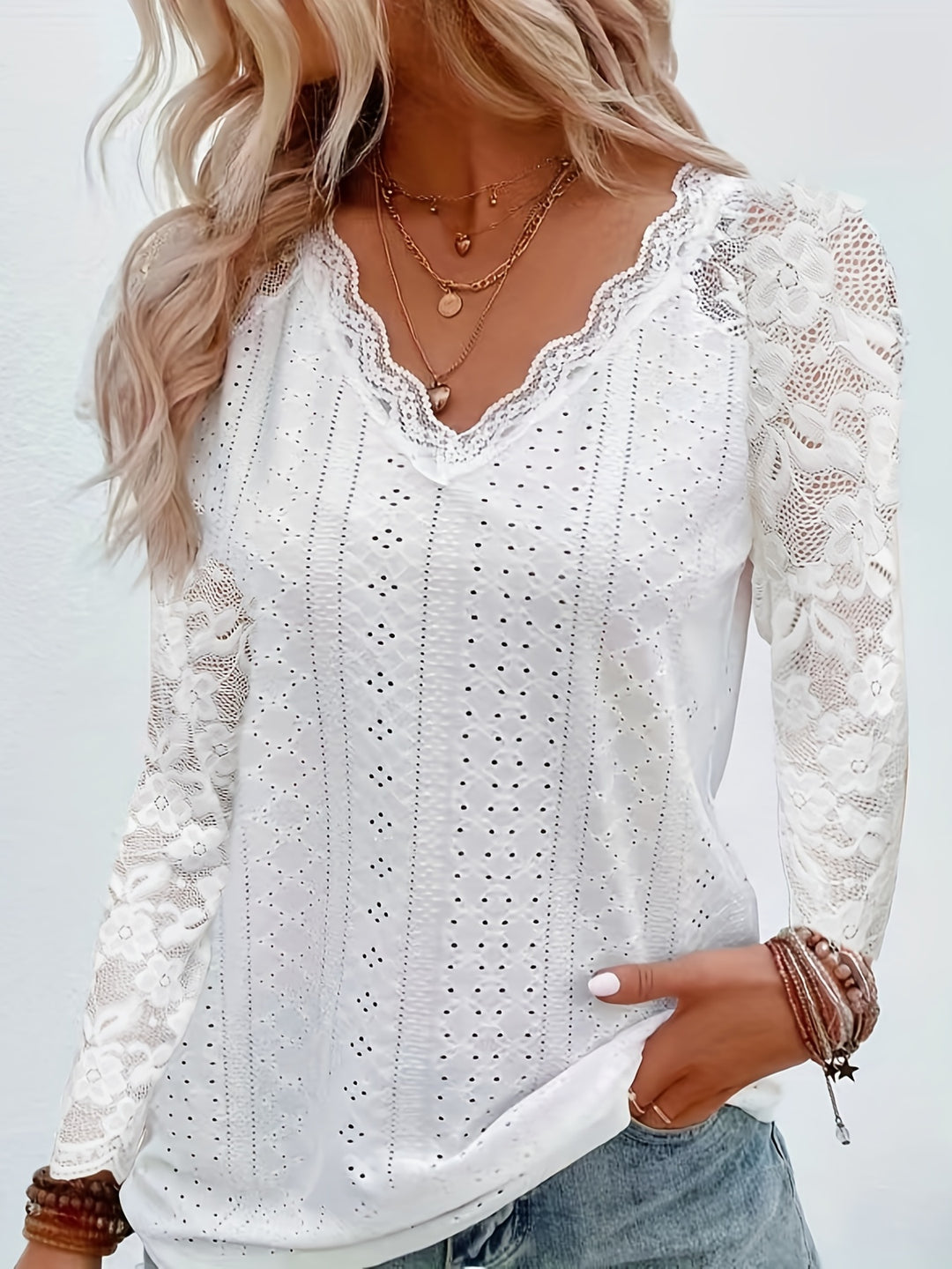 Felicity | Lace-Trimmed Eyelet Top