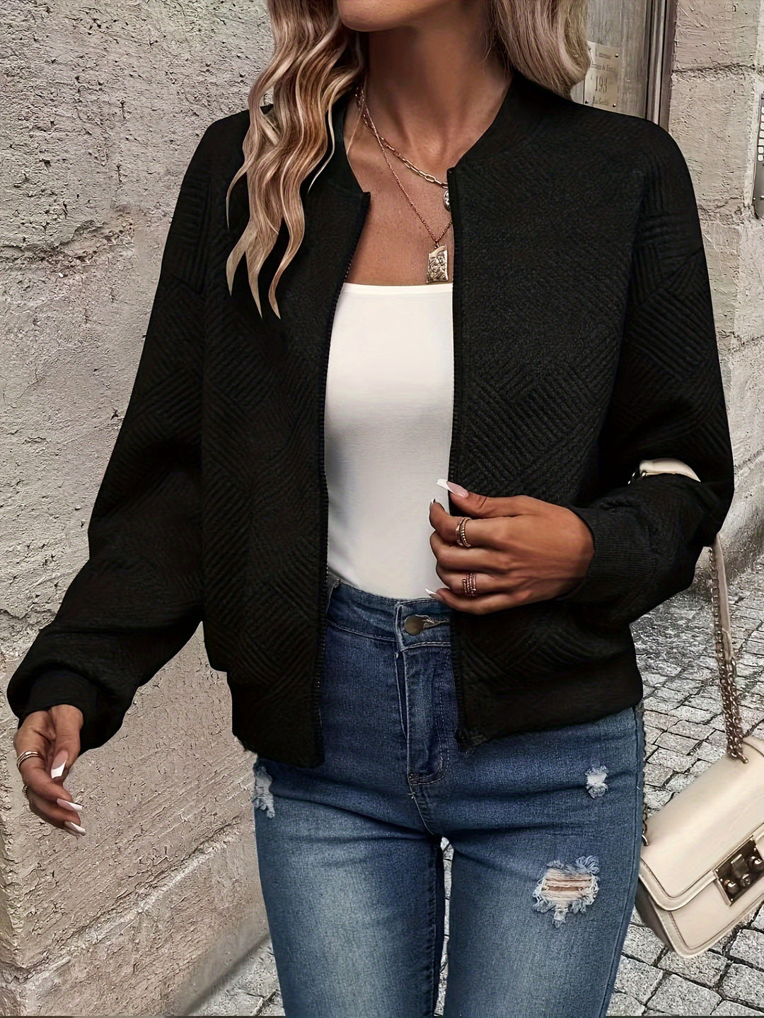 Delia | Textured Zip-Up Bomber Jacket