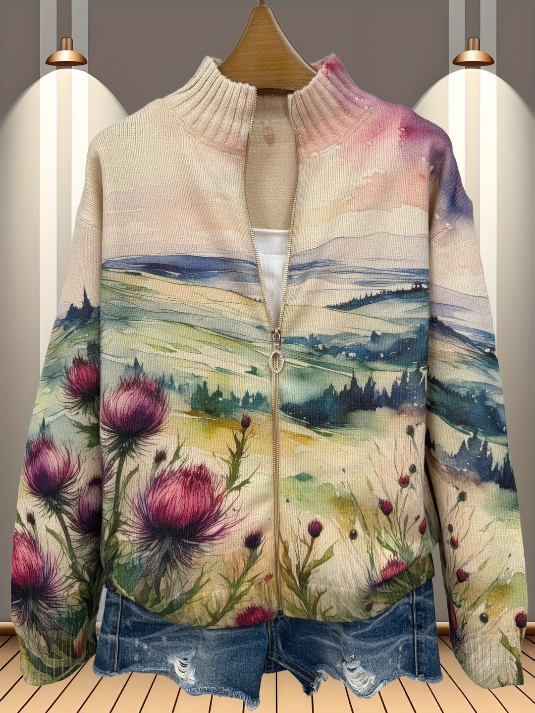 Isla | Watercolour Landscape Zip Cardigan
