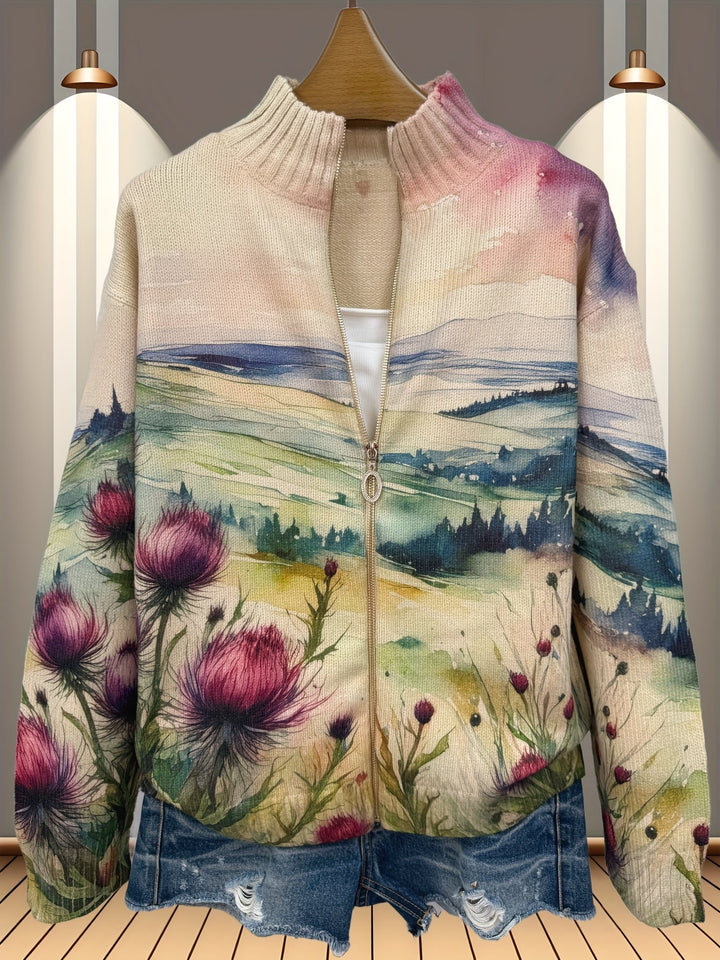 Isla | Watercolour Landscape Zip Cardigan