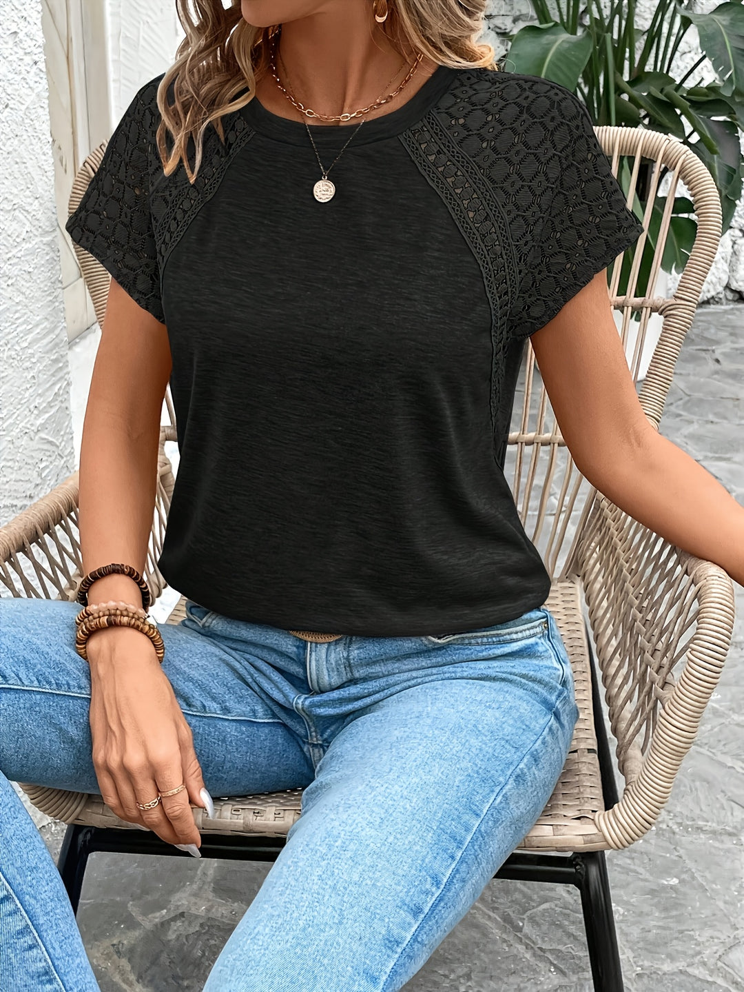 Delphina | Lace-Sleeve Round Neck Top