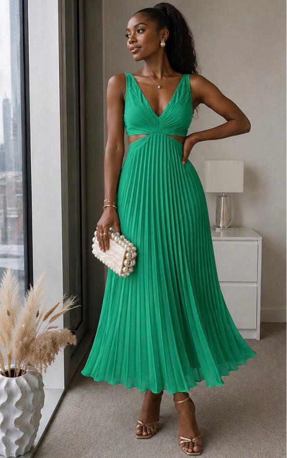 Celia | Pleated Cut-Out Midi Dress