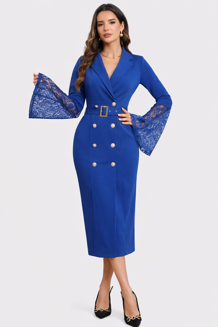 Isadora | Belted Lace-Sleeve Midi Dress
