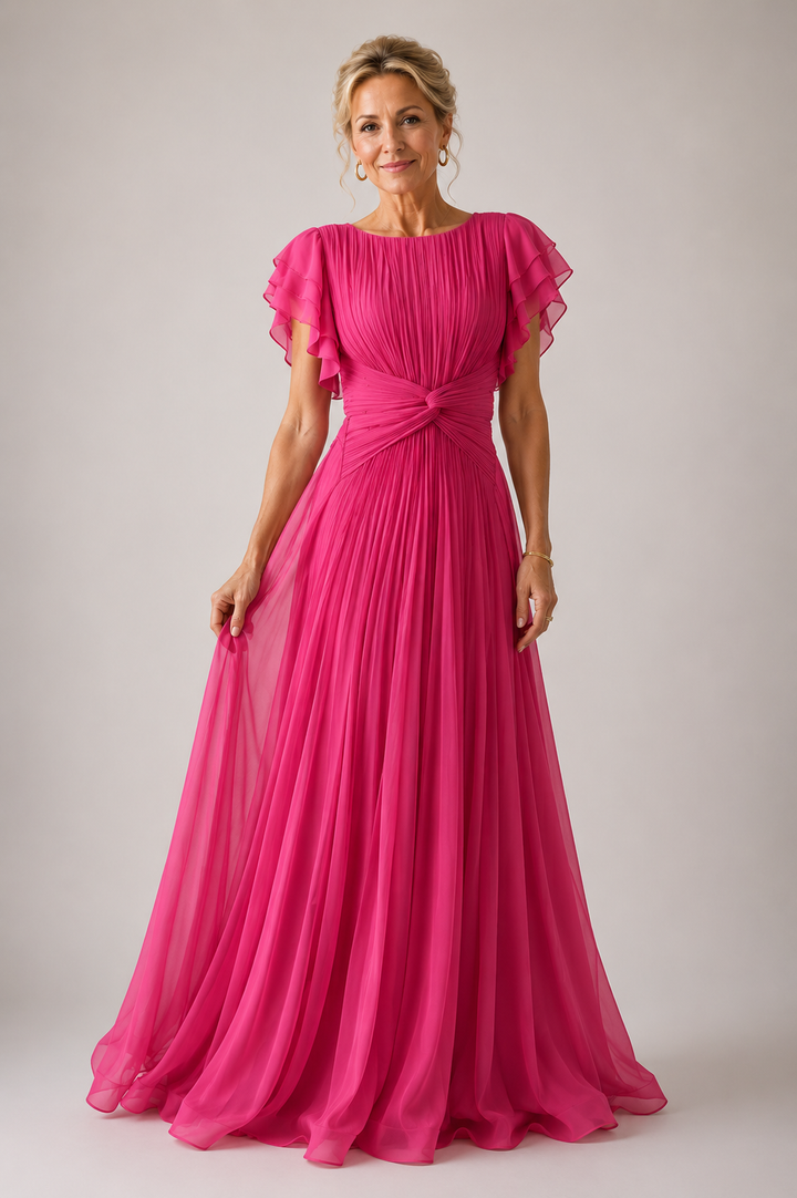 Victoria | Pleated Flutter-Sleeve Evening Gown