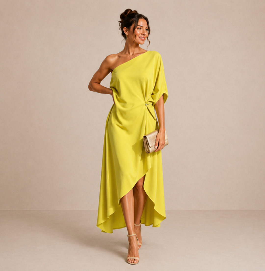 Gwendolyn | Draped Asymmetric Midi Dress