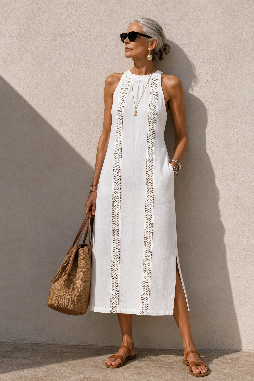 Esme | Embroidered-Panel Halter Midi Dress