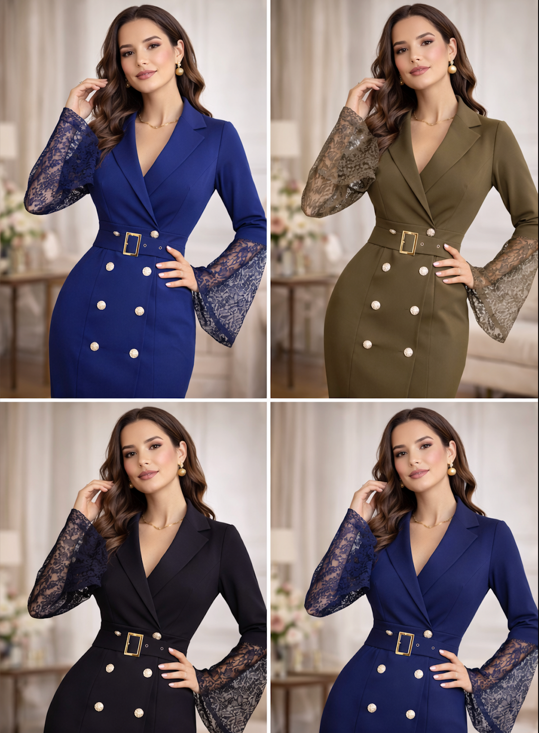 Isadora | Belted Lace-Sleeve Midi Dress