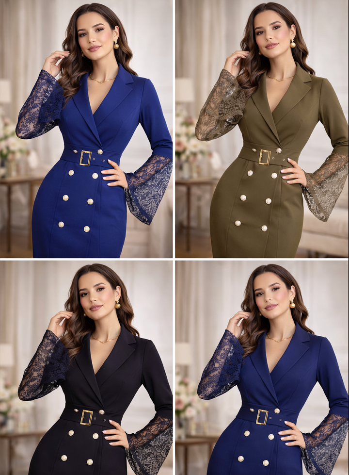 Isadora | Belted Lace-Sleeve Midi Dress