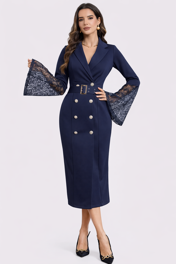 Isadora | Belted Lace-Sleeve Midi Dress
