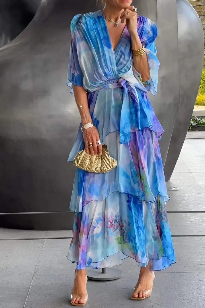 Kimberly | Tiered Watercolour Midi Dress