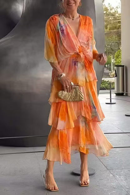 Kimberly | Tiered Watercolour Midi Dress