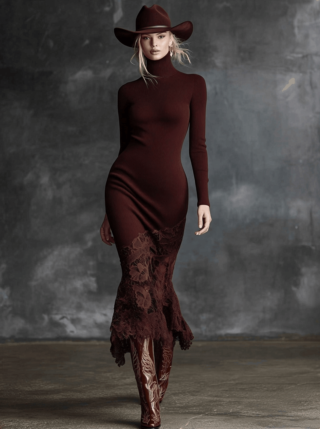 Theodora | High-Neck Lace-Hem Maxi Dress